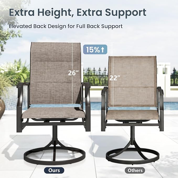 PHI VILLA Outdoor Dining Set for 6, Metal Table & High-Back Swivel Chairs | Padded Textilene,Ergonomic, Rectangular, Umbrella hole, Weather resistant, Heavy-duty, Patio backyard deck, 7 piece