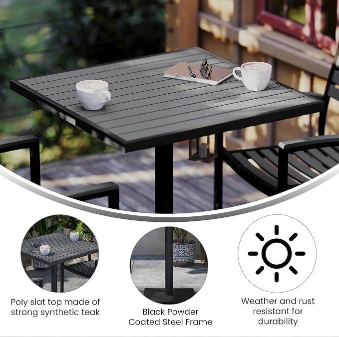 BizChair Commercial Outdoor Patio Bistro Dining Table - Faux Gray Wash Teak Poly Slats - 30" Square