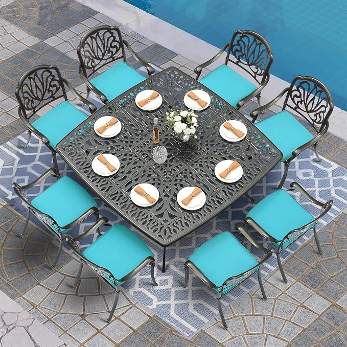 MEETWARM 64" Square Cast Aluminum Patio Dining Table, Weather-Resistant Large Outdoor Dining Table for 8 Person, Patio Furniture Table with Umbrella Hole and Adjustable Foot Pads, Dark Bronze