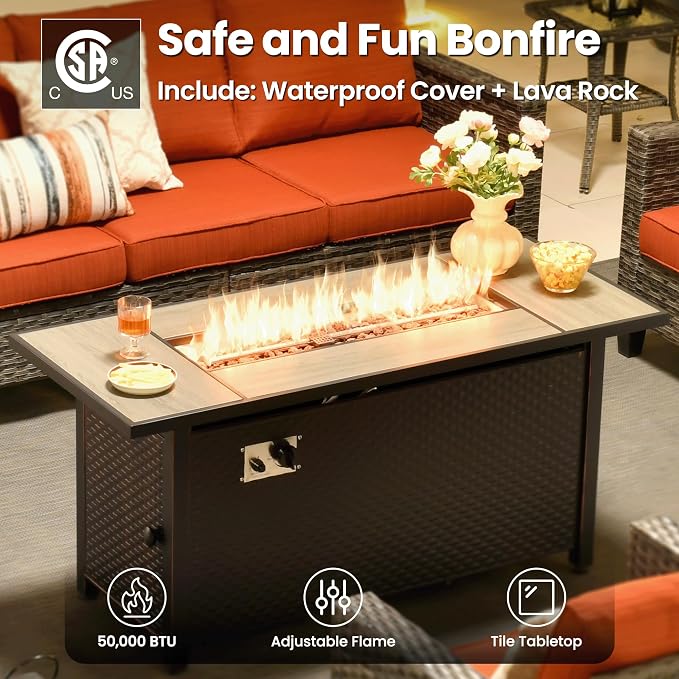 ovios 7 Pieces Patio Furniture Set with 54" Fire Pit Table, Outdoor Wicker Sofa with Comfy Cushions, All Weather High Back Rattan Couch Conversation Set, Orange Red