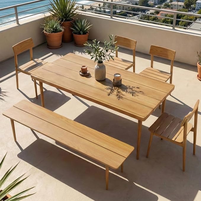 Acanva 6-Piece Aluminum Outdoor Dining Set with Bench, Brown | All-Weather Patio Table and Chairs Set for 6 Person, Slatted Tabletop, for Backyard Deck Garden Poolside