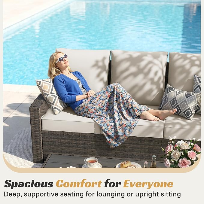 Outdoor Patio Furniture Set, 6 Piece Outdoor Wicker Rattan Sectional Sofa Conversation Sets with Adjustable Recliner Chairs, and Storage Coffee Table for Garden Porch Deck,White