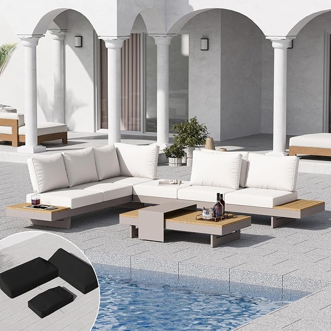 homary 4-Piece Modular Outdoor Sofa Set, Aluminum & Teak Patio Conversation Set with 600D Waterproof Covers, Adjustable Backrests, Fade-Resistant Cushions for Patio, Balcony, Deck