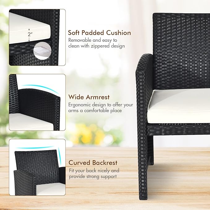 DORTALA 4 Pieces Patio Wicker Conversation Furniture Set, Outdoor Rattan Sofas with Bistro Sets with Coffee Table for Courtyard Balcony Wicker Chairs with Soft Cushion and Table, White