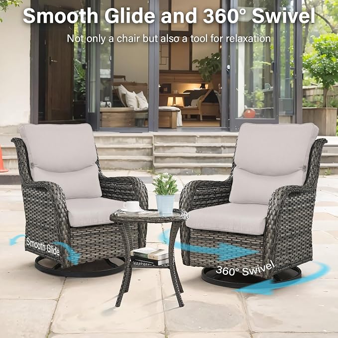 Outdoor Swivel Rocker Patio Chairs Set of 9 with 5" Thick Cushions,9 Piece Furniture Set with Fire Pit Table All Weather Wicker Conversation Set for Porch Deck - Grey Wicker | Grey Cushions