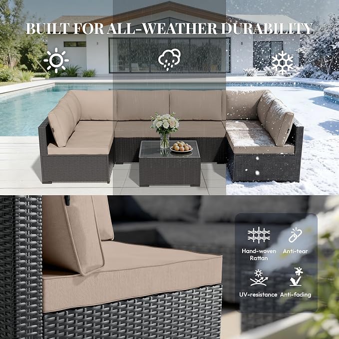 WWR Patio Furniture Set 7 Piece - All-Weather - Wicker Rattan Patio Outdoor Conversation Set, Modular Sectional Sofa for Backyard, Garden, Poolside, Balcony, Porch, Patio, Black/Khaki
