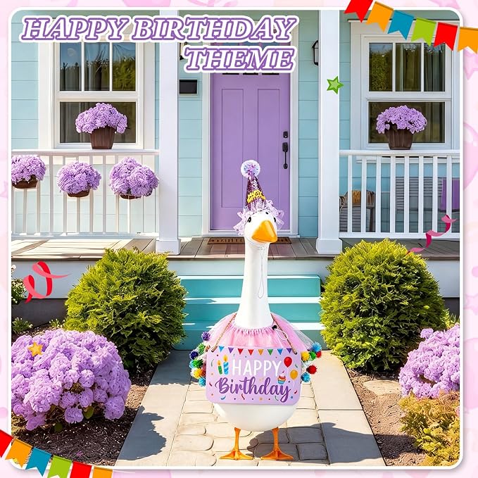 3 Pcs Happy Birthday Porch Goose Outfit Lawn Goose Cloth Costume for 23" Cement Plastic Patio Yard Statue Outdoor (Purple,Tutu Skirt)