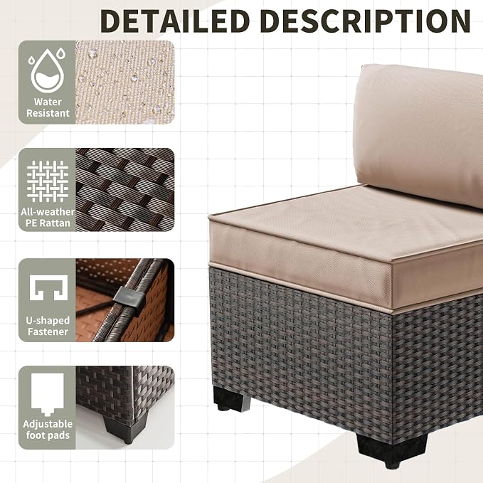 Gotland 9 Pieces Patio Furniture Set with 29.5'' High Backrest, All Weather PE Wicker Outdoor Furniture with 4’’ Thickened Cushions Coffee Table, Patio Set for Deck, Garden, Backyard, Khaki