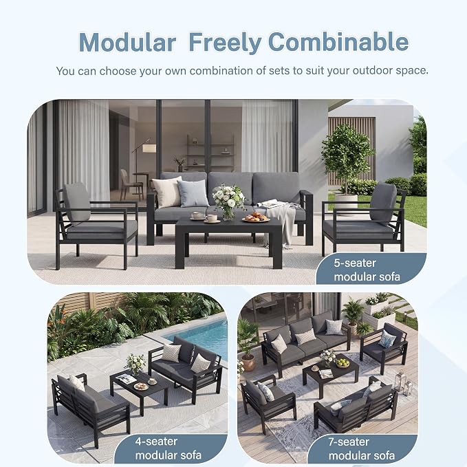 Aluminum Patio Furniture Set, 4 PCS Metal Oversized Outdoor Furniture Set Washable Thick Cushions, 5 Seat Patio Conversation Set with 3.54” Wide armrest and Coffee Table for Patio, Garden