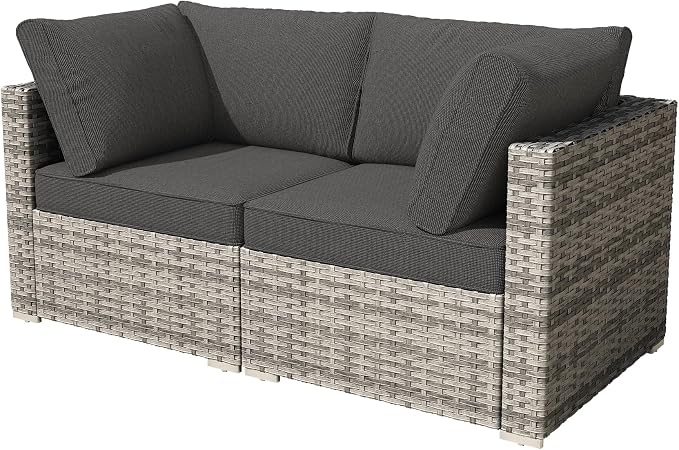 Weaxty 2 Pieces Patio Furniture Sets Corner Seats, Wicker Outdoor Sectional Sofa with Thicken Cushion, Patio Conversation Couch Set for Porch, Balcony,Yard, Poolside, Black