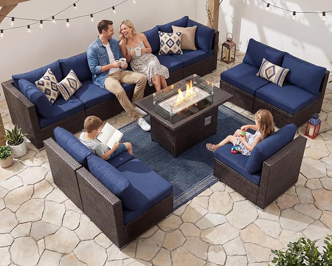 BULEXYARD 11 Piece High Back Wicker Patio Furniture Sets with Fire Pit, Luxury Plus Size Outdoor Seating Set, Comfortable Extra Wide Deep 10-Seater Sectional Couch Sofa for Outside, Brown & Navy Blue