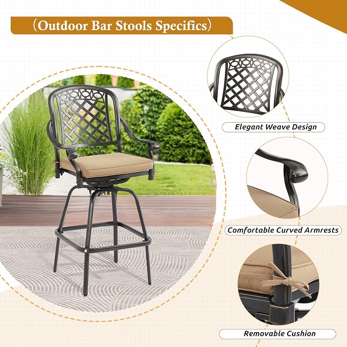 3-Piece Cast Aluminum Patio Bar Set, Outdoor Round High Top Table & 2 Swivel Bar Chairs with Cushions, All-Weather Bistro Table and Chairs Set for Patio, Lawn & Garden (1 Table +2 Swivel Chairs)