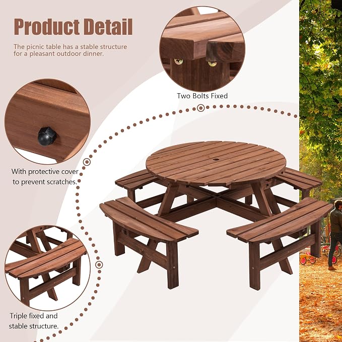 8 Person Wooden Picnic Table, Outdoor Camping Dining Table with Seat, Garden, DIY w/ 4 Built-in Benches, 2220lb Capacity Brown