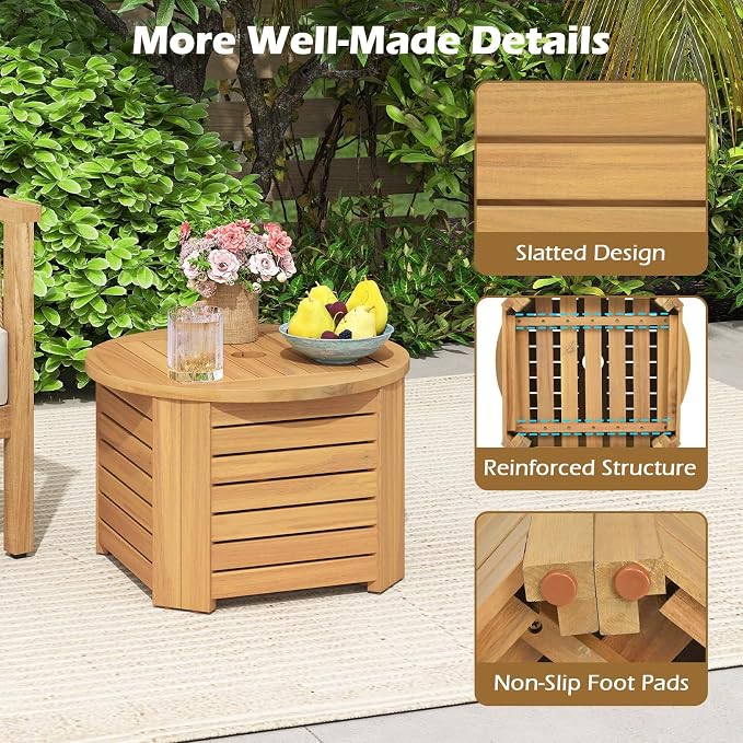 HAPPYGRILL Outdoor Side Table with Umbrella Hole, Acacia Wood End Table with Storage, Removable Base, Patio Storage Box for Backyard, Balcony, Poolside (Octagonal)
