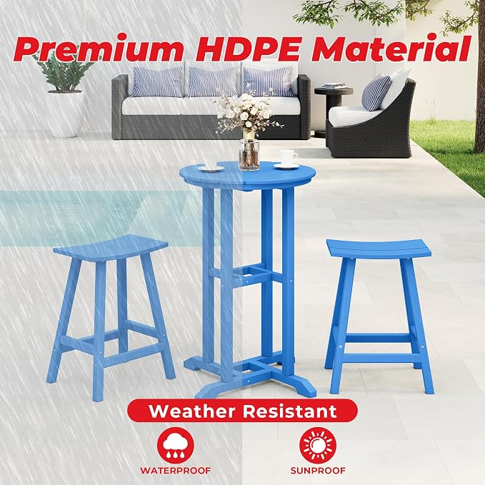 Costaelm Outdoor Bar Table, 37" Counter Height Round Patio Cocktail Bar Table, Patio Bar Table 3-Pieces Set Bistro Dining Table Pub Table for Deck, Backyard, Garden, Pacific Blue
