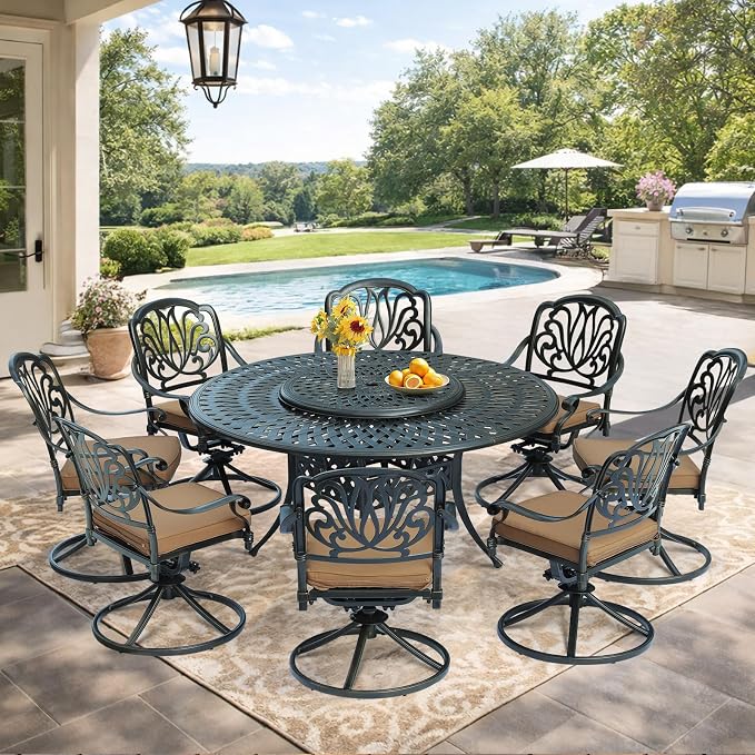 VIVIJASON 9-Piece Patio Furniture Dining Set, Rust-Free Cast Aluminum Outdoor Conversation Set, Include 8 Swivel Dining Chairs & 61" Round Dining Table with 31" Lazy Susan, Umbrella Hole, Khaki