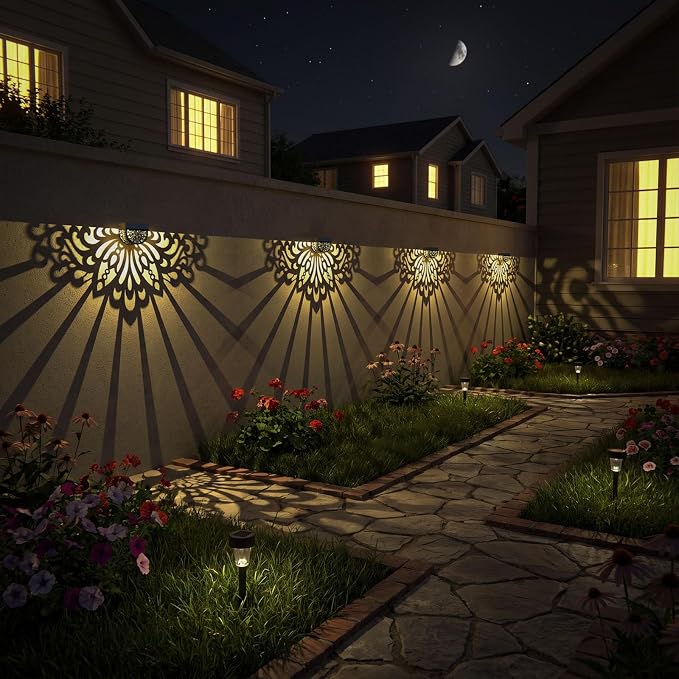 4 Pack Solar Fence Lights Outdoor Wall Lights Plastic Solar Powered Deck Step Stair Lights Mandala Theme Waterproof Fence Solar Light for Garden Post Patio Yard Decor, Gardening Gifts for Women Mom