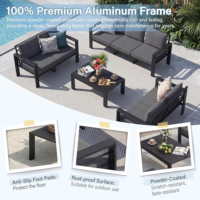 7-Seat Aluminum Patio Furniture Set, 5 Piece Outdoor Conversation Set with 4" Thick Washable Cushions & Coffee Table, Outdoor Sectional Sofa for Backyard, Deck, Porch, Poolside
