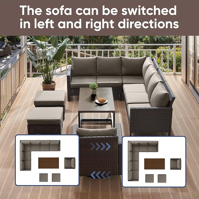 HUMMUH 10 Piece Patio Furniture PE Wicker 6-Seater Outdoor Sectional Sofa with Dinning Table Patio Swivel Chairs Outdoor Chairs for Porch,Garden,Backyard,Deck(Brown/Grey)