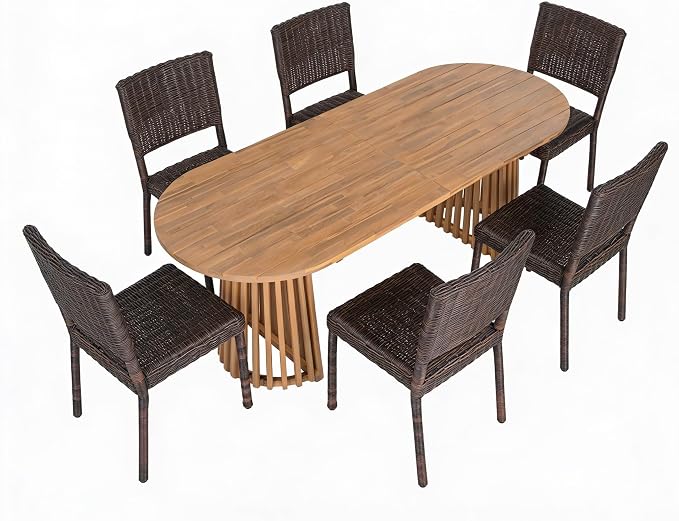 Christopher Knight Home Farley Acacia Wood Outdoor Dining Set for 6, 7 Piece Patio Dining Table and Chair Set, Faux Rattan Outdoor Dining Chair and Table Set, Brown