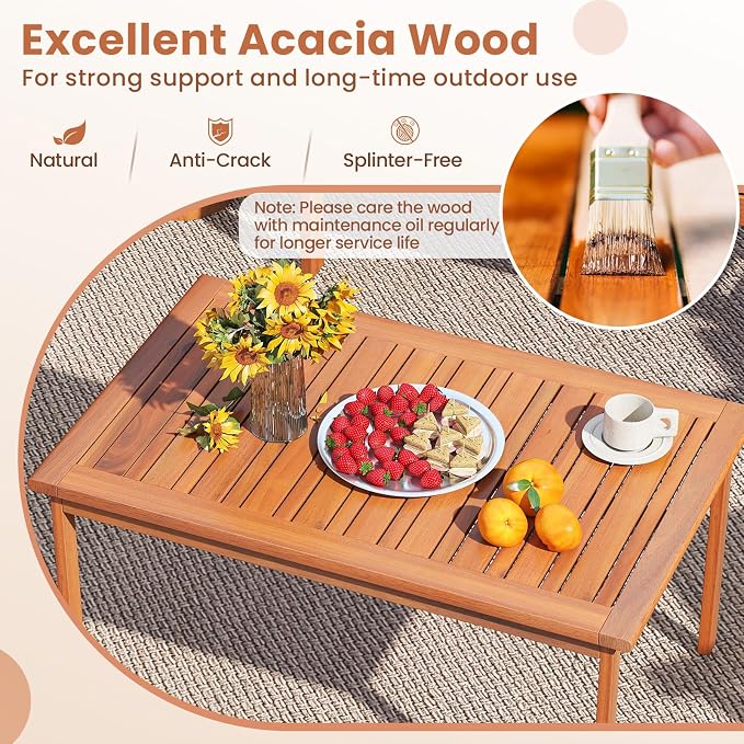 COSTWAY 8 Pieces Acacia Wood Conversation Set, Acacia Wood Porch Chairs with Table, Loveseat and Cushions, Outdoor Conversation Sofa Set for Garden, Balcony and Backyard