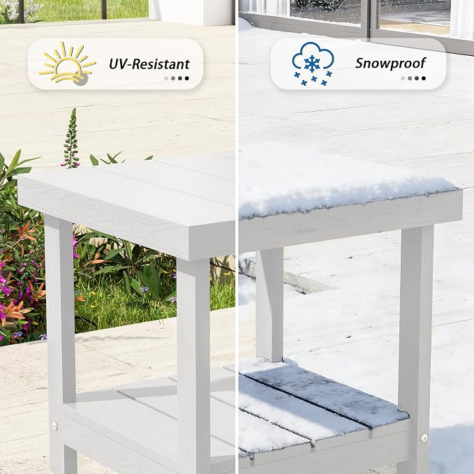 2-Tier HDPE Outdoor Square Side Table, Heavy-Duty Patio Side Table with Storage Shelf, Weather-Resistant Adirondack End Tables for Backyard, Pool, Porch, Garden, Lawn, White