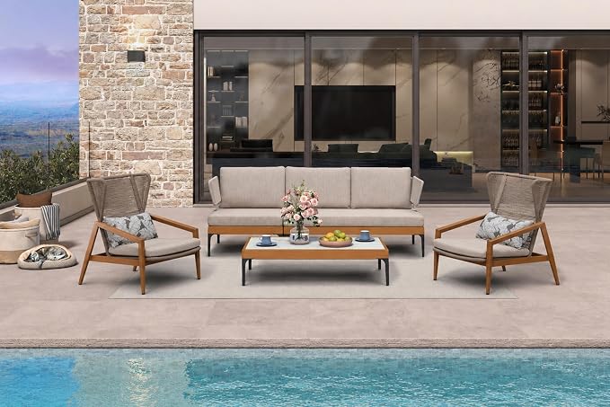 PURPLE LEAF Patio Furniture Set Outdoor Conversation Sets with Removable Cushions 6 Piece Aluminum Modern Wicker Sofa Chairs Plus Coffee Table for Balcony Yard Garden, Oatmeal Greige