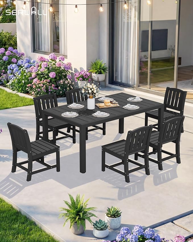 SERWALL Outdoor Patio Dining Set for 6, Black | 60" - 83" Expandable Outdoor Dining Table and 6 HDPE Chairs, All Weather Material Outdoor Furniture Set Backyard, Garden