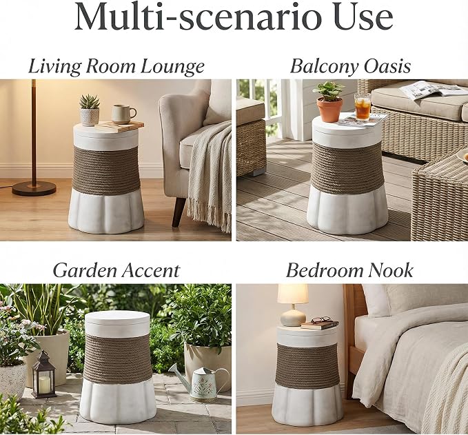 Outdoor Side Table, Small Pedestal End Table with Woven Texture & Scalloped Base, Farmhouse Vintage Accent Table for Indoor Outdoor Living Room Bedroom Patio, No Assembly, 14" D x 16.9" H