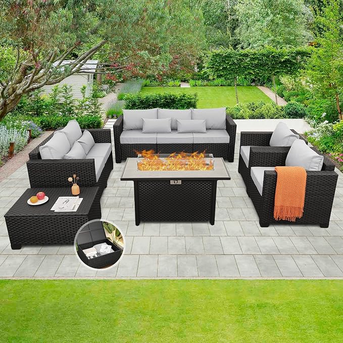 Rattaner 6 Pcs Outdoor Furniture Sets Patio Furniture Set with 45" Fire Pit Patio Couch Outdoor Chairs 60000 BTU Steel Propane Fire Pit Table No-Slip Cushions and Waterproof Covers, Light Grey