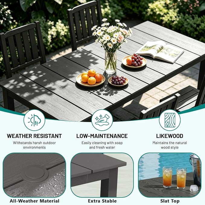 PLUUV 7-Piece Outdoor Dining Set – HDPE Patio Furniture with Umbrella Hole Table, Aluminum Legs, and 6 Armless Chairs, Weatherproof & Easy-Clean for Backyard, Garden, Grey