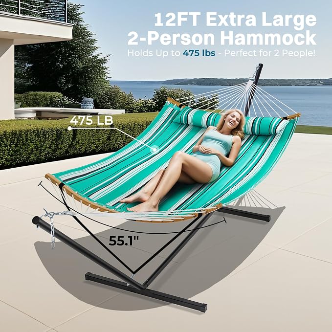 SUPERJARE Hammock with Stand, 2 Person Heavy Duty Hammock with Padded Cotton, Detachable Pillow & Strong Curved-Bar & Portable Carrying Bag, Perfect for Outdoor & Indoor, Mint Green with Stripes