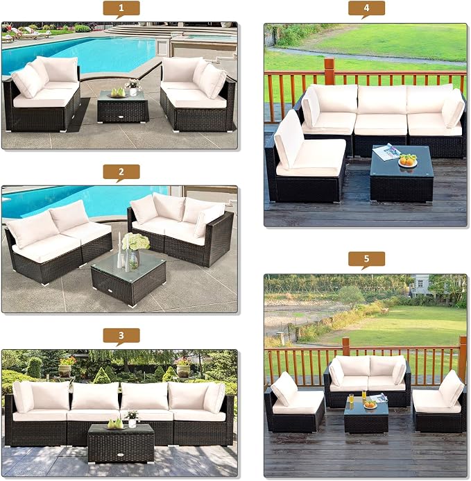 Tangkula 6 Piece Outdoor Rattan Sofa Set with 30in Propane Gas Fire Table, Ceramic Fire Tabletop, 50,000 BTU Heat Output, Cushions & Fire Pit Dust Cover, Patiojoy Weatherproof Wicker Set (Off White)