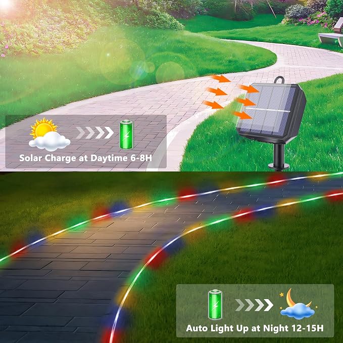 Jnaurb Solar Rope Lights, 66ft 200LED Solar String Lights, 8 Modes Waterproof Solar Outdoor Light, Flexible Clear Trampoline Light for Garden Backyard Patio Deck Porch Pool Tree Decor - Multicolor