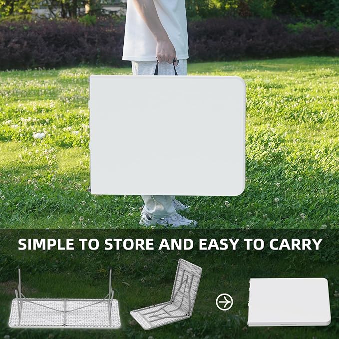 Allpop 6Ft Folding Table for Indoor Outdoor, Fold-in-Half Portable Plastic Dining Table with Carrying Handle for Picnic Party Camping, White