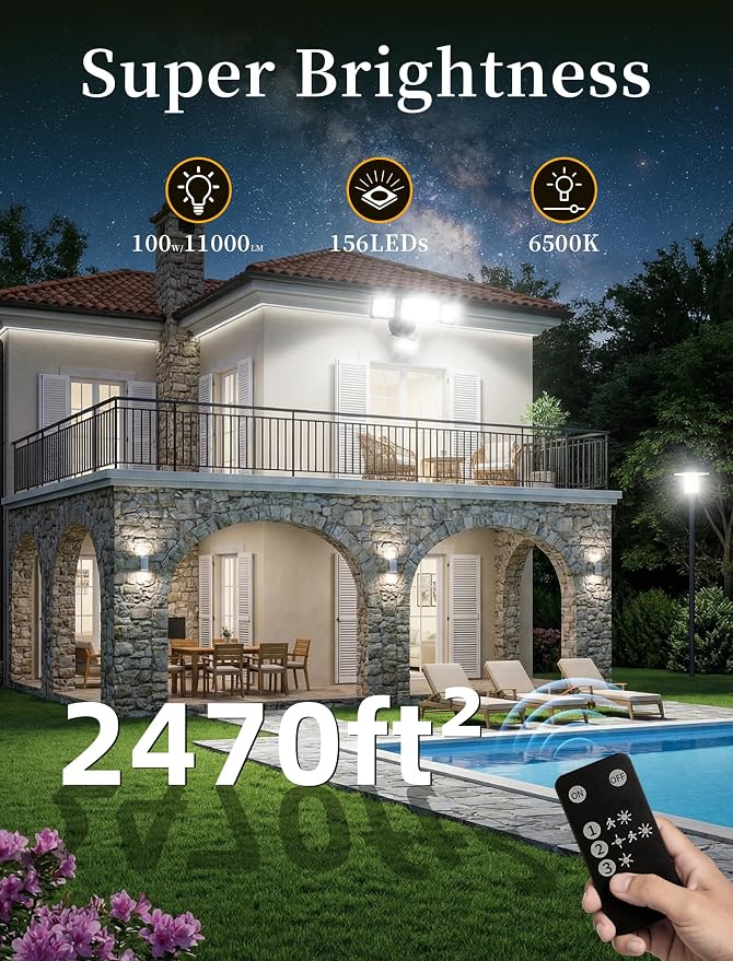 100W 11000LM Security Lights Outdoor with Remote Control, 6500K Daylight LED Flood Light, IP66 Waterproof, Dusk to Dawn, 3 Head Motion Detected for Garage, Yard