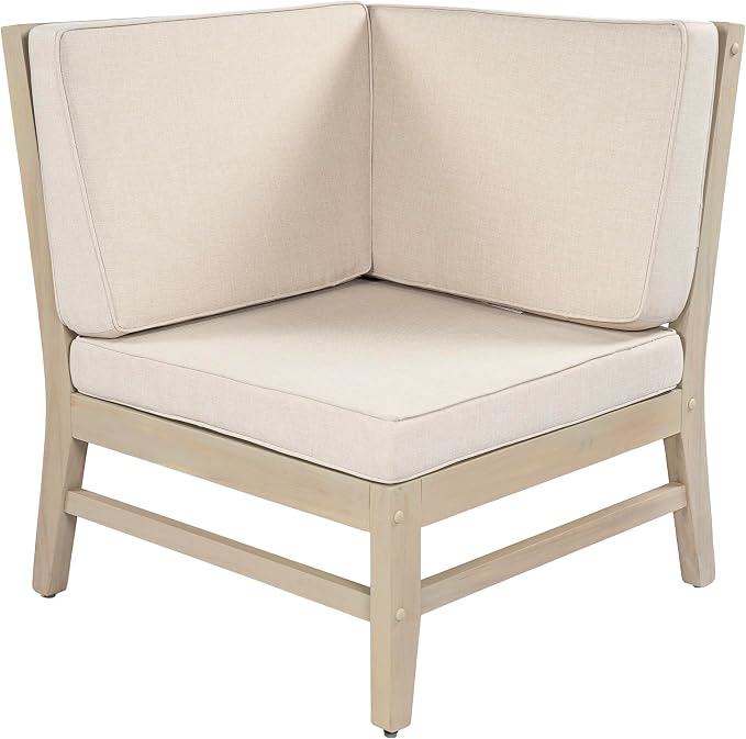 Christopher Knight Home Hugo Acacia Wood Outdoor Patio Furniture Set for 5, V-Shape Patio Sectional Sofa Set with Cushions and Slat Coffee Table, Modern Patio Conversation Set, Light White+Sand
