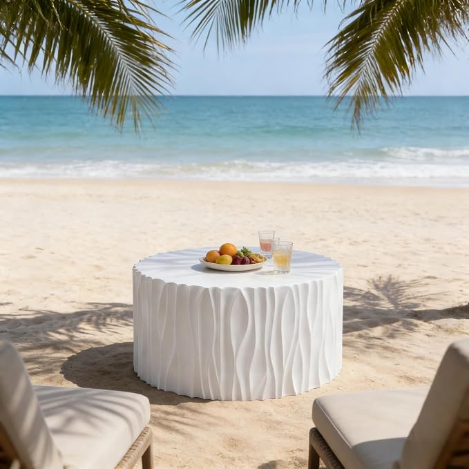 White Coffee Table with Wavy Fluted Side, Modern Round MGO Magnesium Oxide Center Table Assembly-Free for Patio Garden Balcony Outdoor 26.77" x 14.76"
