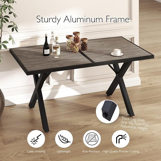 7 Pieces Outdoor Dinning Set Featuring 1 Aluminum Table and 6 Iron Alloy Ratten Chairs Waterproof and Rust-Proof Courtyard Style Table Garden Balcony Poolside, Black 7 Pcs