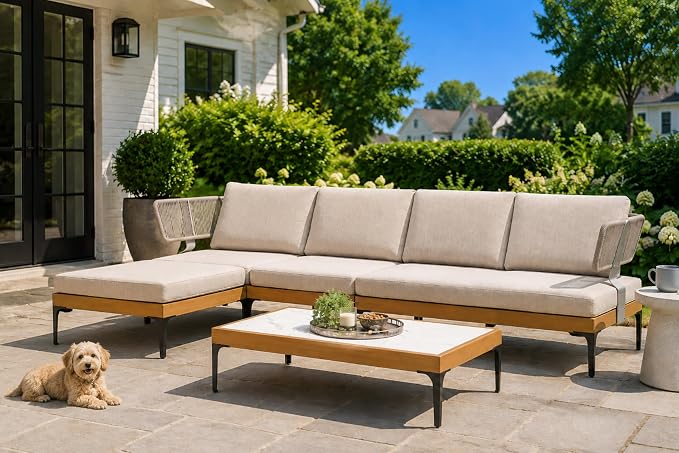 PURPLE LEAF Patio Furniture Set Outdoor Sectional Sofa with Coffee Table Cushions and Pillows Wicker L-Shaped 6 Pieces Aluminum Conversation Sets with Ottoman for Balcony Yard Poolside, Oatmeal Greige