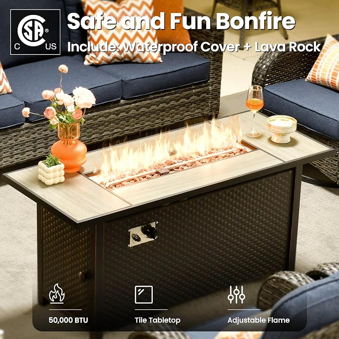 ovios 9 Pieces Patio Furniture Set, Outdoor Wicker Sofa Couch with Swivel Glider Chairs Fire Pit Table, Modern Deep Seat Rattan Conversation Sets for Deck Porch, Denim Blue