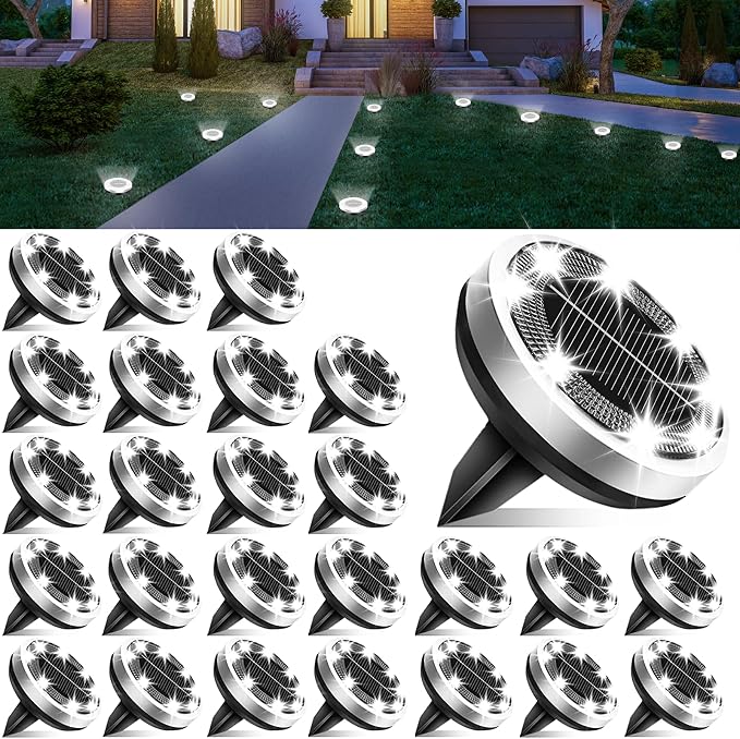 Solar Lights Outdoor Waterproof, 26 Pack 8 LED, Thickened Stainless Steel Ground Light, Solar Garden Lights Landscape Lighting for Patio Pathway Lawn Yard Deck Driveway Walkway, Cool White