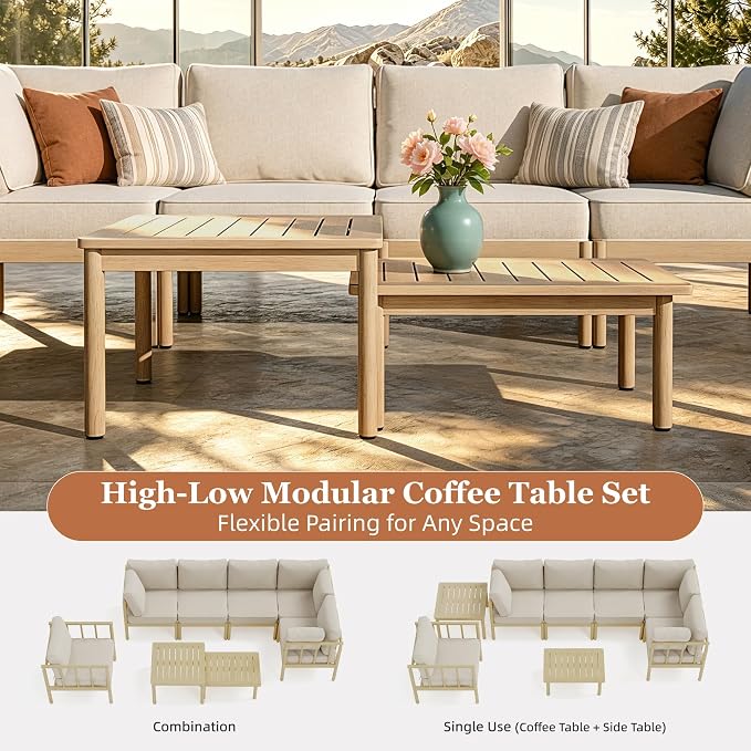 HERA'S HOUSE Patio Furniture,Acacia Wood Outdoor Sectional Sofa with 5.5" Ultra-Thick Cushions,Patio Conversation Set,Lawn Garden Backyard Couch Set with Nesting Tables,Beige
