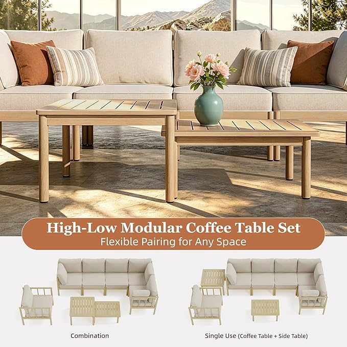 HERA'S HOUSE Patio Furniture,Acacia Wood Outdoor Sectional Sofa with 5.5" Ultra-Thick Cushions,L/U Shaped Modular Patio Conversation Set,Lawn Garden Backyard Couch Set with Nesting Tables,Beige