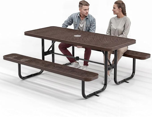 Commercial Heavy-Duty Metal Picnic Table - ADA Compliant, Adjustable Seats, Umbrella Hole, Expanded Metal (Brown, 6' Rectangular)