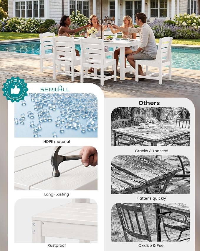 SERWALL Patio Dining Sets for 10 Person, HDPE Dining Set with 2 Tables, 8 Armless Chairs and 2 Armed Dining Chairs, White