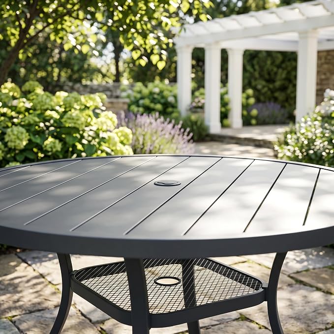 VICLLAX Metal Outdoor Dining Table for 4, All Weather 40.7" Black Round Patio Table with Adjustable Umbrella Hole for Lawn, Garden, Balcony and Poolsides, GreyTabletop