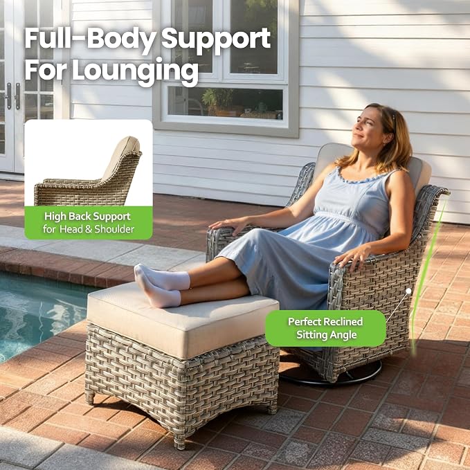 6 Piece Patio Furniture Set with Fire Pit Table, Conversation Sets with High Back Swivel Rocker Chairs, Outdoor Wicker Sofa Loveseat with Comfy Cushion for Backyard Deck Garden, Beige