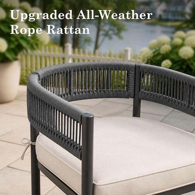 VICLLAX Patio Dining Set, 53.1" Walnut Table & 6 Chairs with Wheat Cushion | Outdoor Table and Chairs Set of Round Metal Patio Table, Outdoor Dining Chairs with Metal Frame, Garden Deck Porch