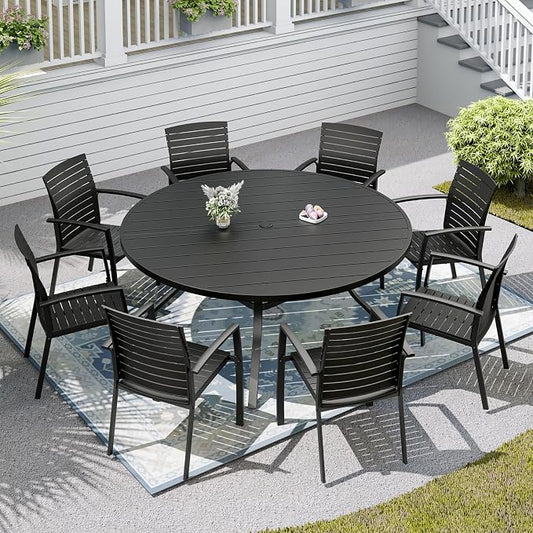 Patio Dining Set, 58" Outdoor Metal Table and 8PCS Aluminum Chairs | Round Patio Table, 1.6" & 1.9" Adjustable Umbrella Hole, Patio Dining Chair with Resin Seat and Aluminum Frame